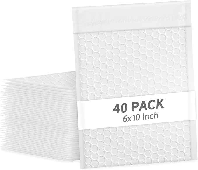 6x10 Inch White Bubble Mailers 40 Pack Self-Seal Poly Padded Envelopes Suitable for Small Businesses to Package and Mail Jewelry Cosmetics, Electronic Products, Cards (White, 6x10-40)