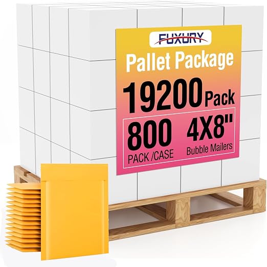 Fuxury Kraft Bubble Mailer 4x8" Pallet 19200 Pack Self Seal Padded Envelope | Usable Size 4x7" Bubble Envelopes Waterproof Cushioned Padded Mailers Packaging for Small Business #000 Yellow