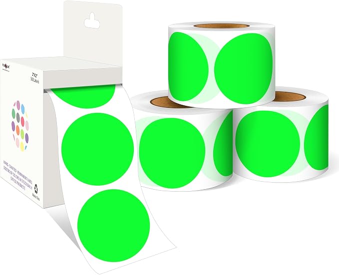 PARLAIM 2 Inch Round Adhesive Color-Code Dot Stickers,4Rolls/2000 per Rolls dots Label Dispenser Box, Circle Stickers Label Inch Coding Labels (Fluorescent Green)