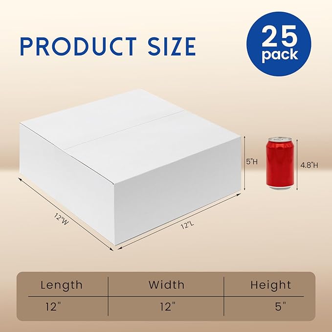 12x12x5" Shipping Boxes 25 Pack - Corrugated Cardboard Square Mailing Box Packaging for Small Business - White Mailer Packing Supplies