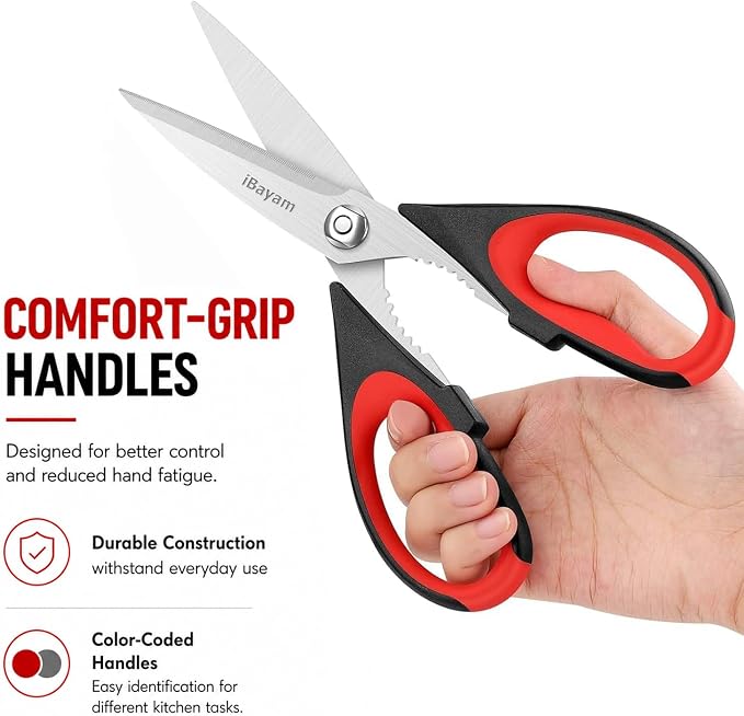iBayam 3-Pack 8.7" Kitchen Scissors All Purpose Heavy Duty Shears w/Sheath | Soft Comfort Grip, Dishwasher Safe, Stainless Micro-Serrated Edge Blades, Cooking Poultry Herbs Meat Seafood Tools