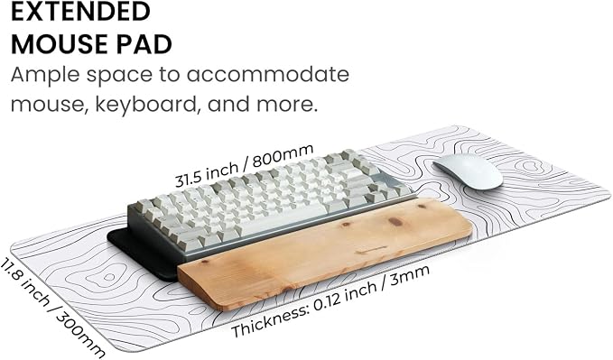 MAY FLOWER Large Gaming Mouse Pad, Full Keyboard Mat, Long Laptop Mousepad, Computer Mouse Mat for Home and Office, Anti-Slip Rubber Base, 31.5 x 11.8 Inches (Grey White Topographic Map)