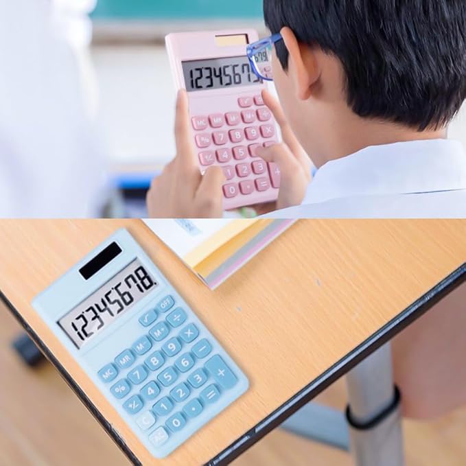 Basic Standard Calculators Small Digital Desktop Calculator with 8-Digit LCD Display, Battery Solar Power Smart Calculator Pocket Size for Kids for Home School (Blue 2pcs)