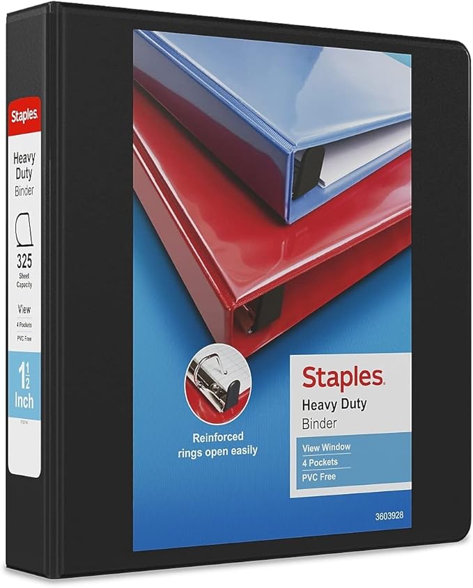 Staples Heavy-Duty 1.5-Inch D-Ring View Binder, Black – Durable 3-Ring Binder for School & Office Organization