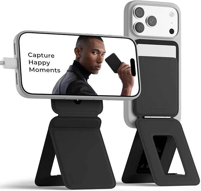 MOFT Phone Tripod Stand & Wallet, NFC Card Holder, Hold 1-2 Cards | Mulit-Angles | Portable l MOVAS Leather | Magsafe Compatible | Easy to Charge | Travel Essential |For Content Creators