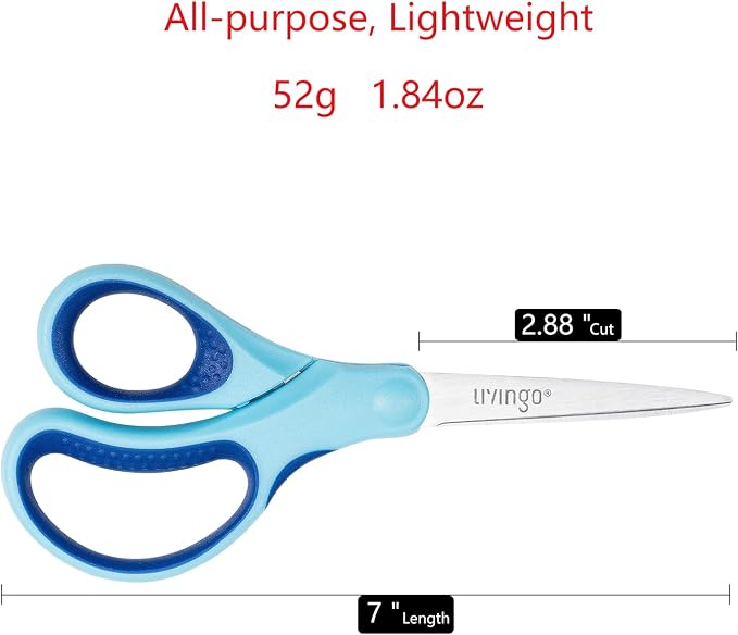 LIVINGO 7" Kids Scissors for School Pointed Tip 3 Pack | Durable Stainless Steel Edge, Soft Handle Design, Teacher Classroom Supplies, Art Craft Activities, Assorted Color