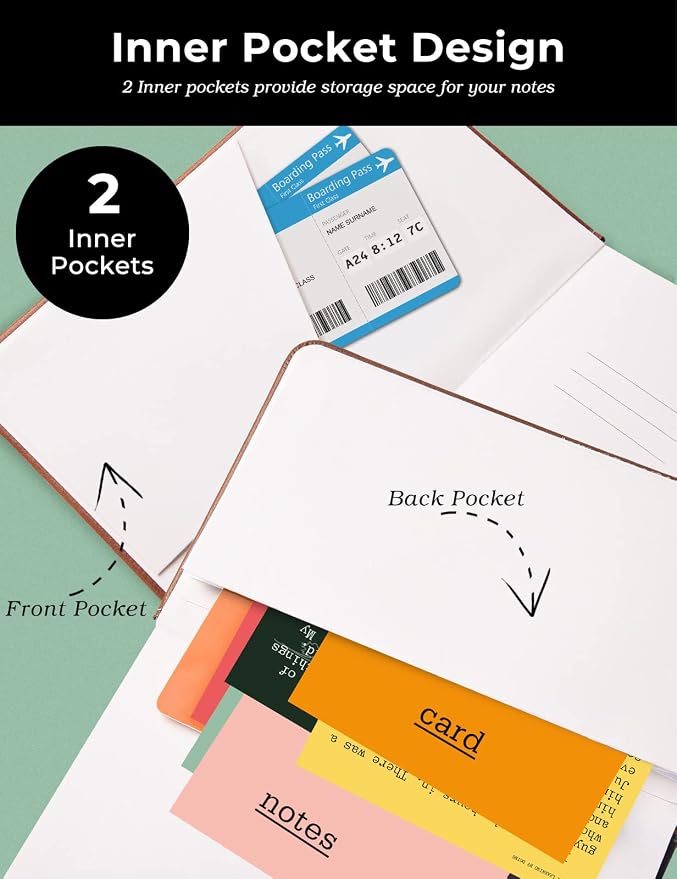 Pocket Notebook Small Notebook 2-Pack, 3.7" x 5.7" Pocket Notebooks Hardcover with Thick Lined Paper, Inner Pockets, Cover Letter Embossing Design Mini Journal Notepad Brown Leather