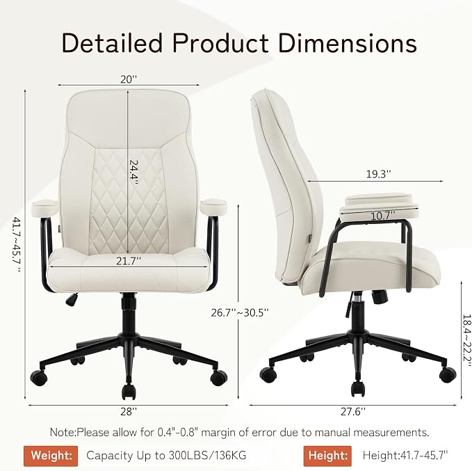 Leather Office Chair, Comfy Home Office Desk Chair, Mid Century Modern Office Chair with Lumbar Support, Mid-Back Adjustable Swivel Computer Chair with Wheels and Arms, Cream White
