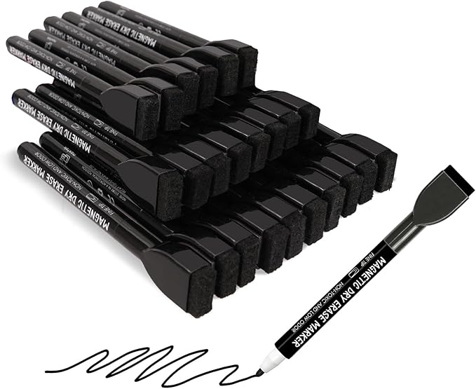 maxtek 24 Count Magnetic Black Dry Erase Markers, Fine Tip Whiteboard Markers with Eraser, Thin Markers Low Odor for Classroom, Office, Home