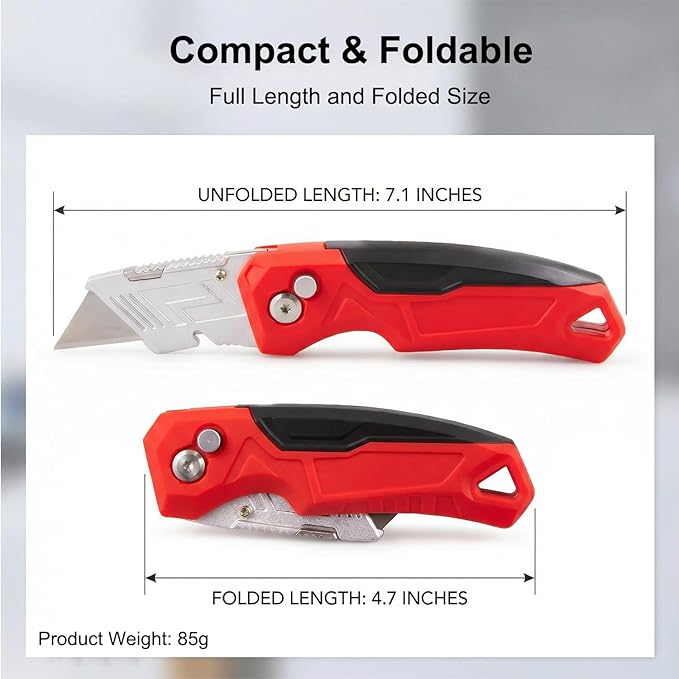 Box Cutter with Blade Storage Design, Heavy Duty Folding Utility Knife with 10 Extra Blades for Cardboard, Carton, Carpet Cutting, Anti-slip Handle, Quick Replace Blade