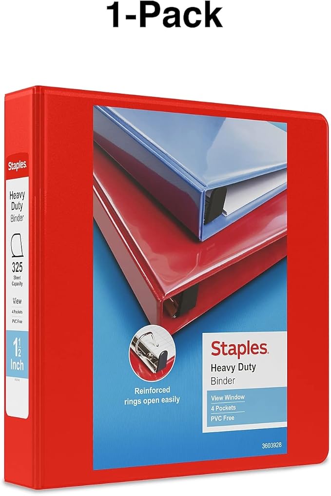 Staples Heavy-Duty 1.5-Inch D-Ring View Binder, Reinforced Spine, Holds Up to 350 Sheets, Red, for Office & School