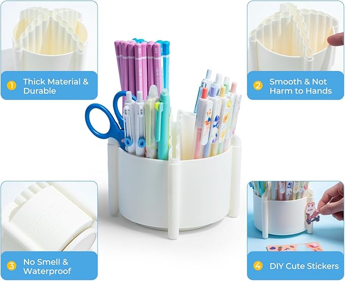 M&G 360 Degree Rotating Desk Organizer, 4 Slot Pencil Holder with Stickers, Multi-Purpose Cute Pen Pencil Cup for Make Up Brush Office School Home (White)