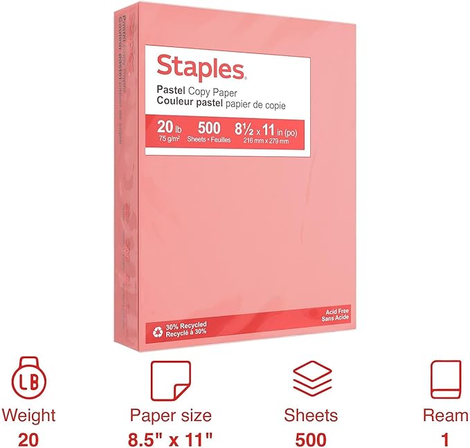 Staples Pastel Colored Copy Paper 8 1/2-Inch X 11-Inch Salmon 500/Ream, For Office, School & Home