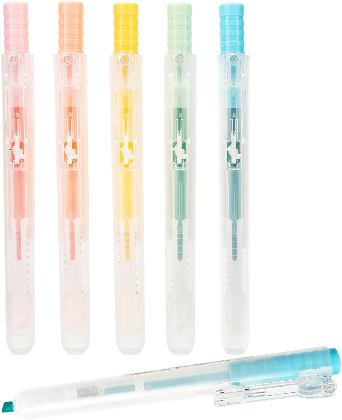 M&G Retractable Highlighters, 5 Pack Pastel Chisel Tip Highlighter Pens, No-Bleed Quick-Dry Marker Set in Assorted Colors, Cute Aesthetic Study Supplies & Accessories for Journaling, Bible, School
