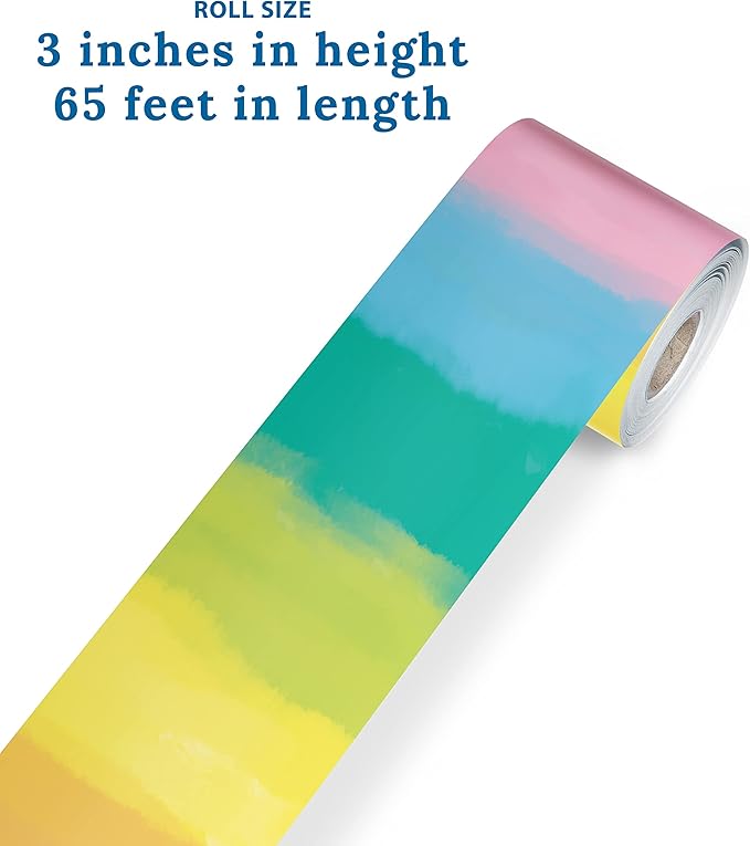 Carson Dellosa Creatively Inspired 65Ft of Watercolor Rainbow Bulletin Board Borders, 1 Roll of Colorful Trim for Rolling Whiteboard, Cork and Posterboard, Party Decorations, and Classroom Decor