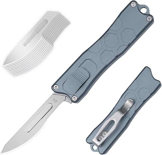 XXOK Utility knife with clip retractable box cutter EDC knife with 10 razors small Pocket knives with sharp carbon steel replacement blade # 24 Grey