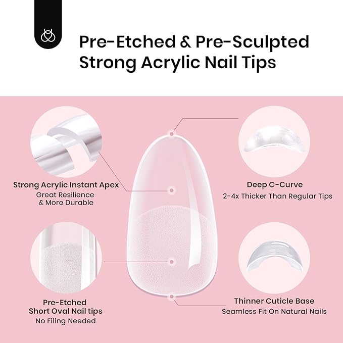 Beetles Tipex Instant Apex Nail Tips Short Oval, 512Pcs 16 Sizes Pre-Building & Pre-Etched Gel Nail Tips Thicker Acrylic Nails Strong Full Cover False Nail Extension Press-on Nails