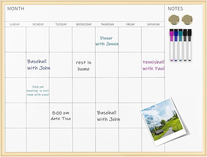 Magnetic Monthly Calendar Whiteboard, 30'' x 20'' Dry Erase Calendar for Wall Office School Home, Gold Wooden Frame