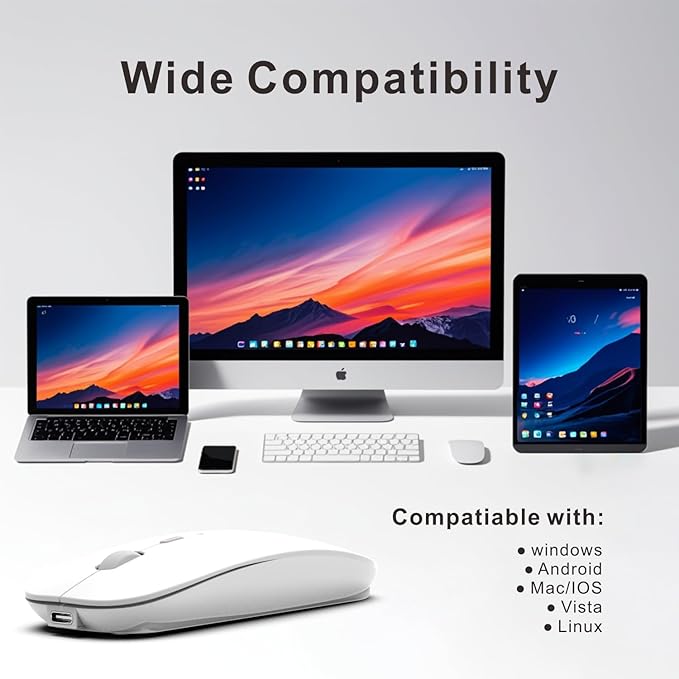 HOTDREAM Bluetooth Wireless Rechargeable Mouse for MacBook Pro/Air/iPad Air/iPad Pro/Laptop/Tablet/iPhone/PC, Bluetooth 5.2/3.0 and 2.4GHz Dual Mode Mouse (White)