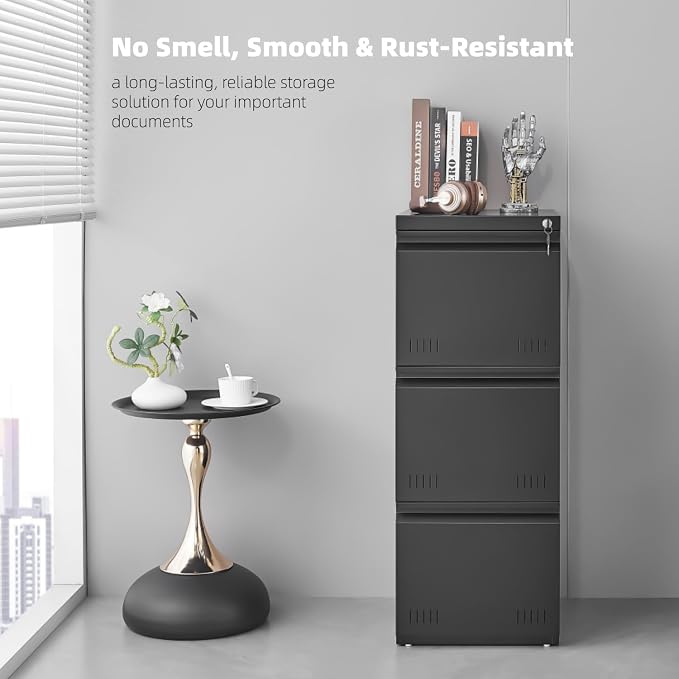 Approgreent Vertical 3 Drawer File Cabient with Lock, Metal Filing Cabinets for Home Office, Heavty Duty Office Storage Cabinet for A4/Letter/Legal (Matte Black)