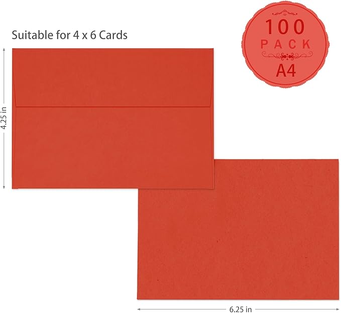 Red A4 Envelopes Self Seal 100 Pack, 120 GSM Printable Goefun 4.25 x 6.25 Invitation Envelopes for 4x6 Cards, Photos, Invitations, Weddings, Graduation, Baby Shower, and Various Holidays