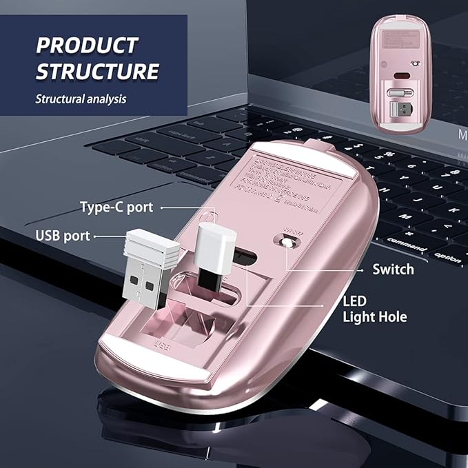 Wireless Mouse Chargeable Portable Silent USB and Type-C Dual Mode Wireless Mouse 3 Adjustable DPI for Laptop, Mac, Android, PC (Q23S Black) (Rose Gold)