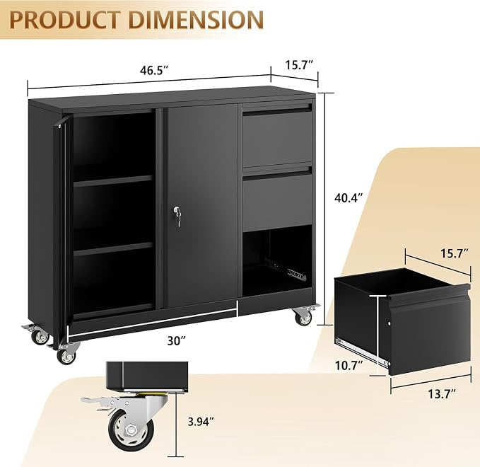 47"H 3 Drawer Rolling Metal File Cabinet,Lateral Filing Storage Cabinets,Office Cabinet with Adjustable Shelf & Wheels, Mobile Lockable File Folders for Hanging Files Letter/A4 Size,Livng Room,Black