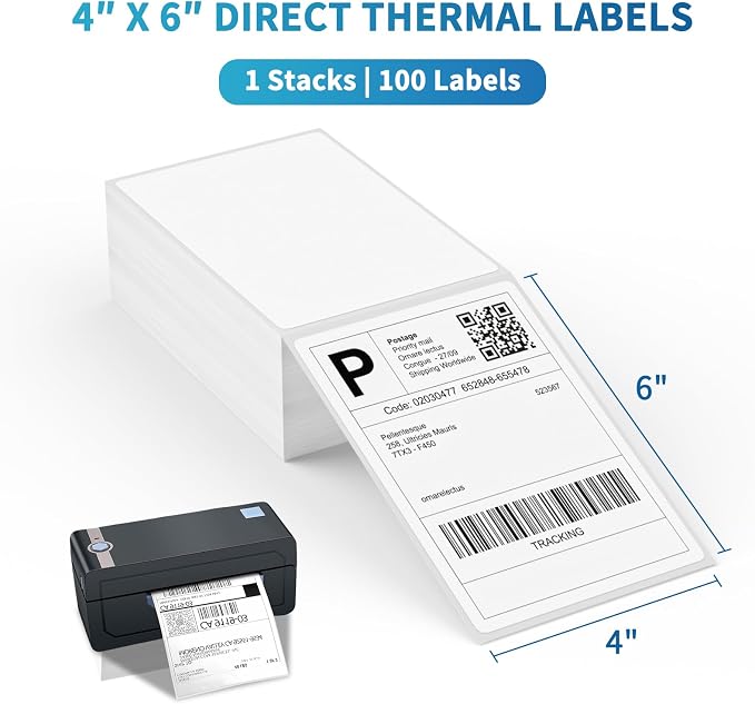 9527 Product 4 x 6 Thermal Labels - Pack of 100 Fanfold Labels for Direct Thermal Printer, White Perforated Shipping Label,100 Label per Stack,1 Stack