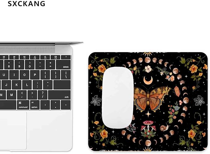 Moth Mouse Pad, Mushroom Moon Phase Mousepad, Boho Flowers and Leaves Computer Small Cute Mouse Pad, Washable Cloth Non-Slip Rubber Base Mouse Mat for Office, Orange and Black