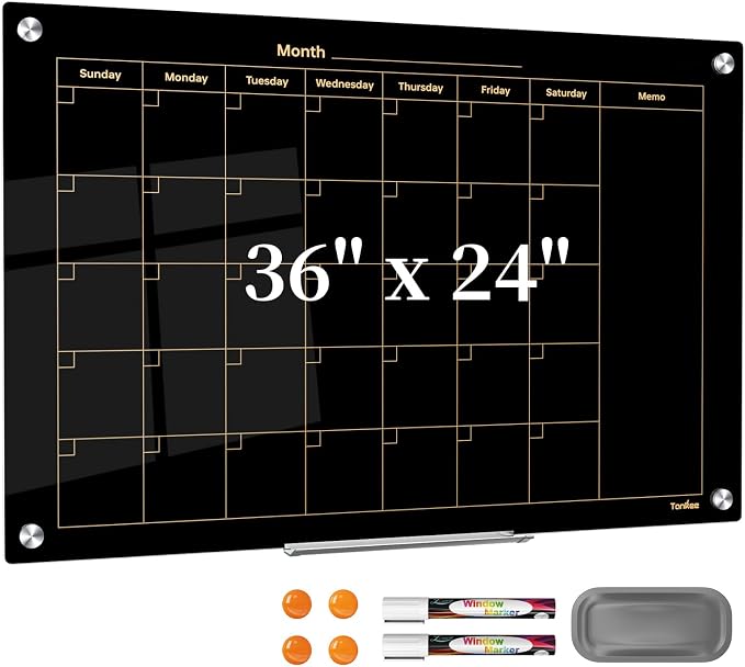 Calendar Whiteboard for Wall 36x24 Black Magnetic Glass Dry Erase Board | Magnetic Surface, Dry Erase, Large Frameless Glass Whiteboard, Ideal for Office Home School Classroom Kitchen
