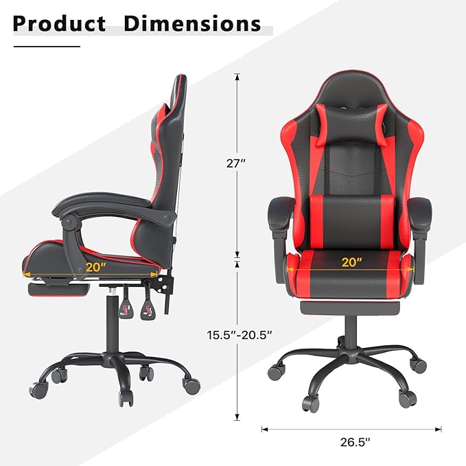 Gaming Chair with Headrest and Lumbar Support, Ergonomic High Back Office Chair, Racing Style Executive Computer Desk Chair, Leather Adjustable Swivel Task Chair for Home Office (Red Black)