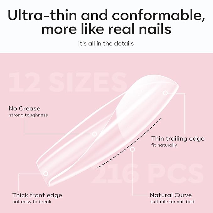 modelones X Nail Gel Kit Kit Long Coffin, 9-in-One Nail Glue with Portable U V Lamp 216Pcs 12Sizes Pre-Etched Press ons Fake Acrylic Extension Kit DIY Salon Gift for Women