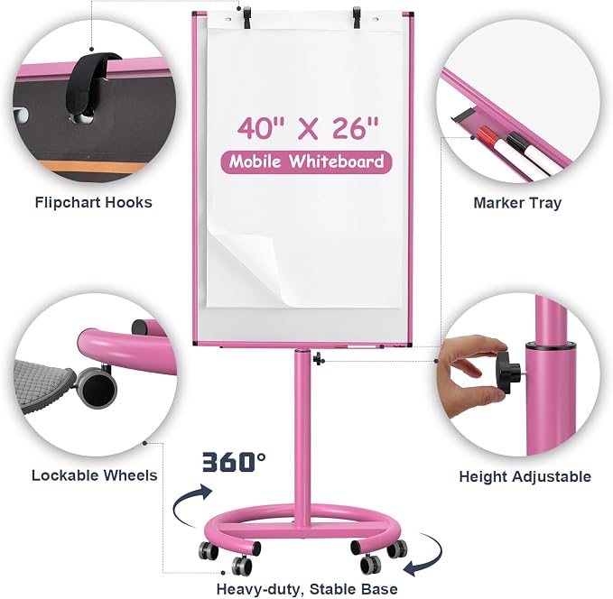 Mobile Whiteboard, 40x26 Inches White Board Dry Erase Board on Wheels | Height Adjustable, Magnetic Surface, Dry Erase, With Stand, Ideal for Classroom, Office, School, Home, Homeschooling, Teacher