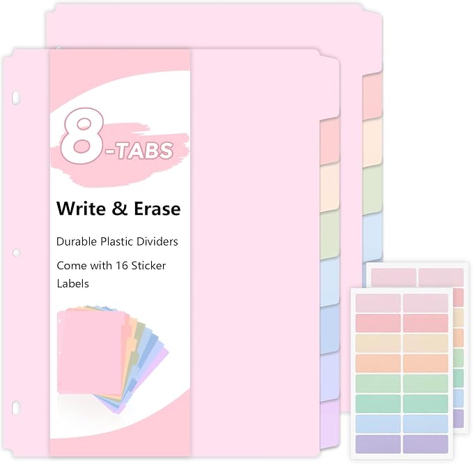 SKYDUE 8 Tab Write & Erase Plastic Dividers for 3 Ring Binders, 2 Sets | Binder Dividers for Letter Size, Aesthetic Pastels Tab Divider Organizers for Student, Teacher, Office, Pink