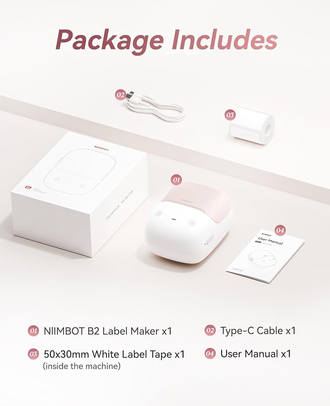NIIMBOT B2 Label Maker Machine with Tape for Home Office, Pink | Portable Bluetooth 2 Inch Label Printer with Multiple Templates, Thermal Labeler for Kitchen Coffee Shop Bakery Organization