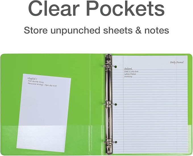 Oxford® 3 Ring Binders, Durable Binders for School and Office, Durable 1 inch D Rings, Holds 240 Sheets, ClearVue Presentation Binder, Green, 4PK