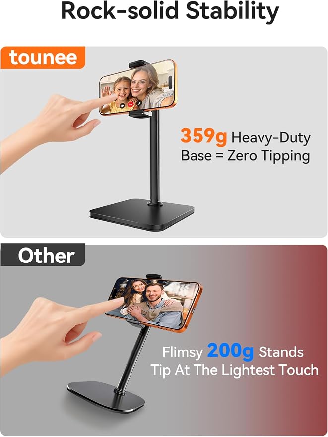 tounee Phone Stand for Desk, 8-11" Height Adjustable Cell Phone Holder for Live Streaming, Video Recording, TikTok – Compatible with iPhone 17/16/15, Samsung, All 4-7" Smartphones -Black
