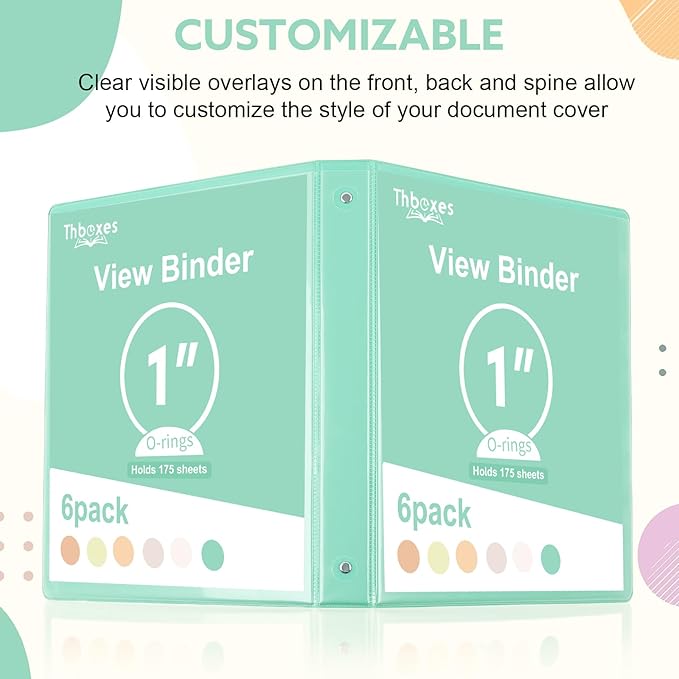 3 Ring Binder - 6 Pack, 1 Inch Binder with 2 Interior Pockets & Clear View Overlay, Large Capacity, Round Ring Binders for Office Supplies, School & Home (6 Colors, Light Colors)