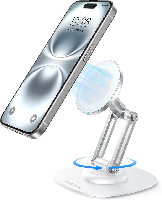 OMOTON MS04 [360° Rotating] Adjustable Magnetic Phone Stand for Desk, White | Foldable Aluminum for MagSafe Cell Phone Stand Holder with Non-Slip Base, for iPhone 17/16/15/14 Pro Max Air/MagSafe Case