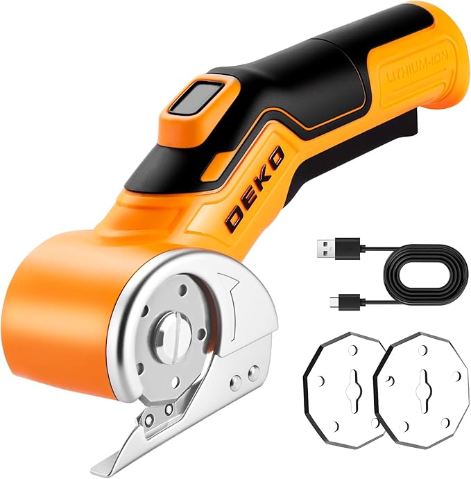 Cordless Electric Scissors Cardboard Cutter: DEKOPRO 4V 2000mAh Electric Box Cutter, Rechargeable Power Rotary Cutting Tool with Safety Lock, 389g Carpet Scissors with 2 Blade, Type-c(Yellow)