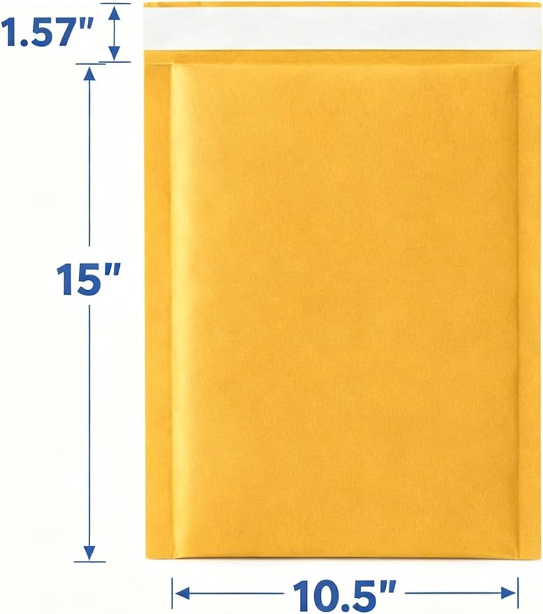 POLYSELLS 10.5x15 Kraft Bubble Mailers, 25 Pack, #5 Padded Envelopes | 10.5x16 outer size waterproof cushioning opaque privacy self seal for clothing books cosmetics and small business shipping