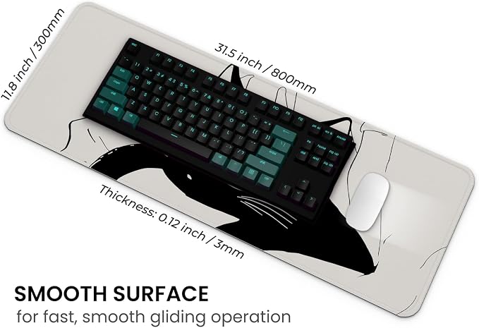 MAY FLOWER Large Gaming Mouse Pad, Full Keyboard Mat, Long Laptop Mousepad, Computer Mouse Mat for Home and Office, Anti-Slip Rubber Base, 31.5 x 11.8 Inches (Black Cat)