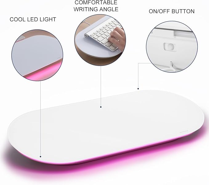 Glass Desktop Whiteboard - 17 X 7 Inches Small Dry Erase Board with Pink Light, Glass White Board Surface Notepad with 1 Drawer, Desk Organizers for Office, Home, School Supplies
