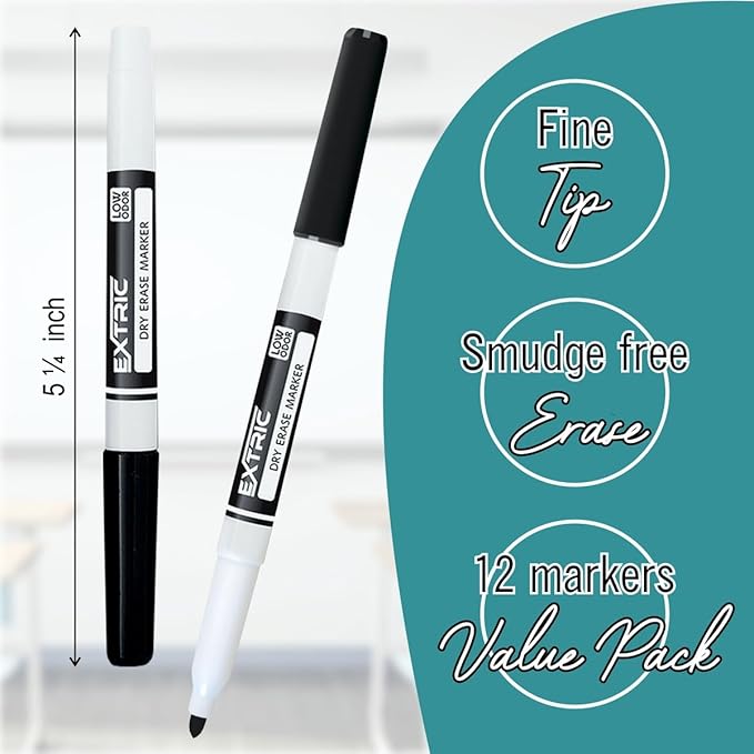 EXTRIC Dry Erase Markers Fine Tip, 12 Count Thin Whiteboard Markers, 4 Assorted Colors Fine Point Dry Erase Marker for Kids, Skinny Marker for Whiteboard