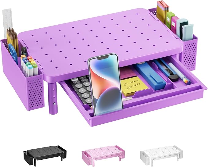 WALI Computer Monitor Stand with Storage and Pen Holder | 3 Height Adjustable Desk Organizer with Drawer, Desk Laptop Monitor Riser for Computer, Printer(PTT003-V), 1 Pack, Violet