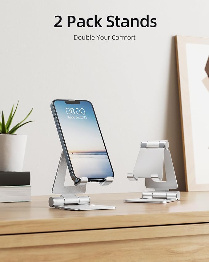Nulaxy 2 Pack Aluminum Dual Folding Cell Phone Stanr for Desk, Silver | Height Angle Adjustable, Portable Phone Holder Fits 18mm Thick Case, Anti-Slip Base, Smartphone Desktop Essential Accessory