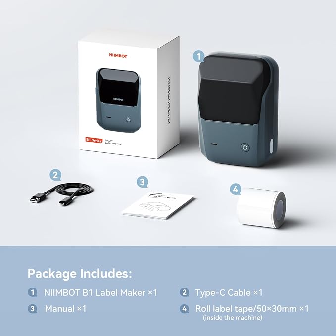 NIIMBOT B1 Label Maker,2 Inch Bluetooth Thermal Label Printer,Blue | Labeling for Home Office School Small Business, Crafts, Retail,Support Smartphones & PC,Come With 1 Roll 50*30mm Tape