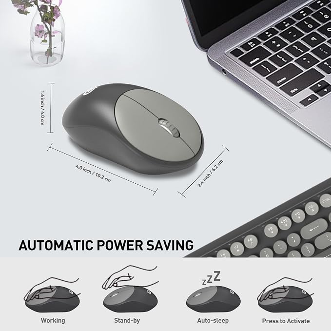 Wireless Keyboard and Mouse Combo, Retro Typewriter Style Round Keys, 2.4G Wireless Black and Grey Keyboard with Clicky Bubble Keys for PC Laptop and Desktop