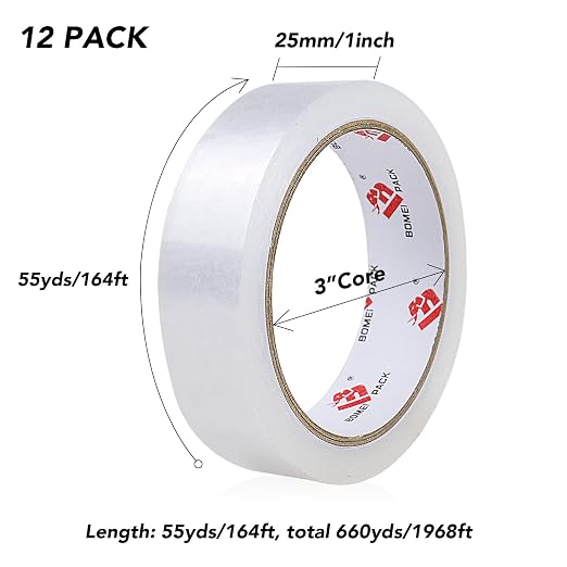 BOMEI PACK Clear Tape, 1 Inch x 164 Ft, Transparent Tape Refills, 3" Core Big Roll Stationery Tape, Strong Gift Wrap Tape for Home, Office, 12 Rolls Fit 3 Inch Desktop Dispenser (Pack of 2)