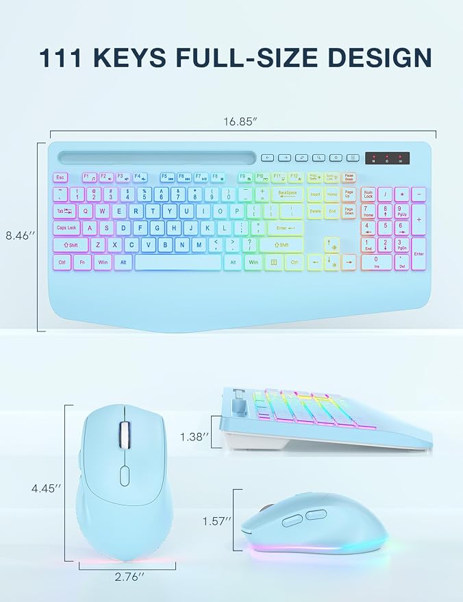 Wireless Keyboard and Mouse Combo, 9 Backlit Effects, RGB, 2.4GHz | Ergonomic Wrist Rest, Phone Holder, Rechargeable, Full Size, KM22 MAX Silent Set for Computer, Laptop, Mac, Windows (Blue)